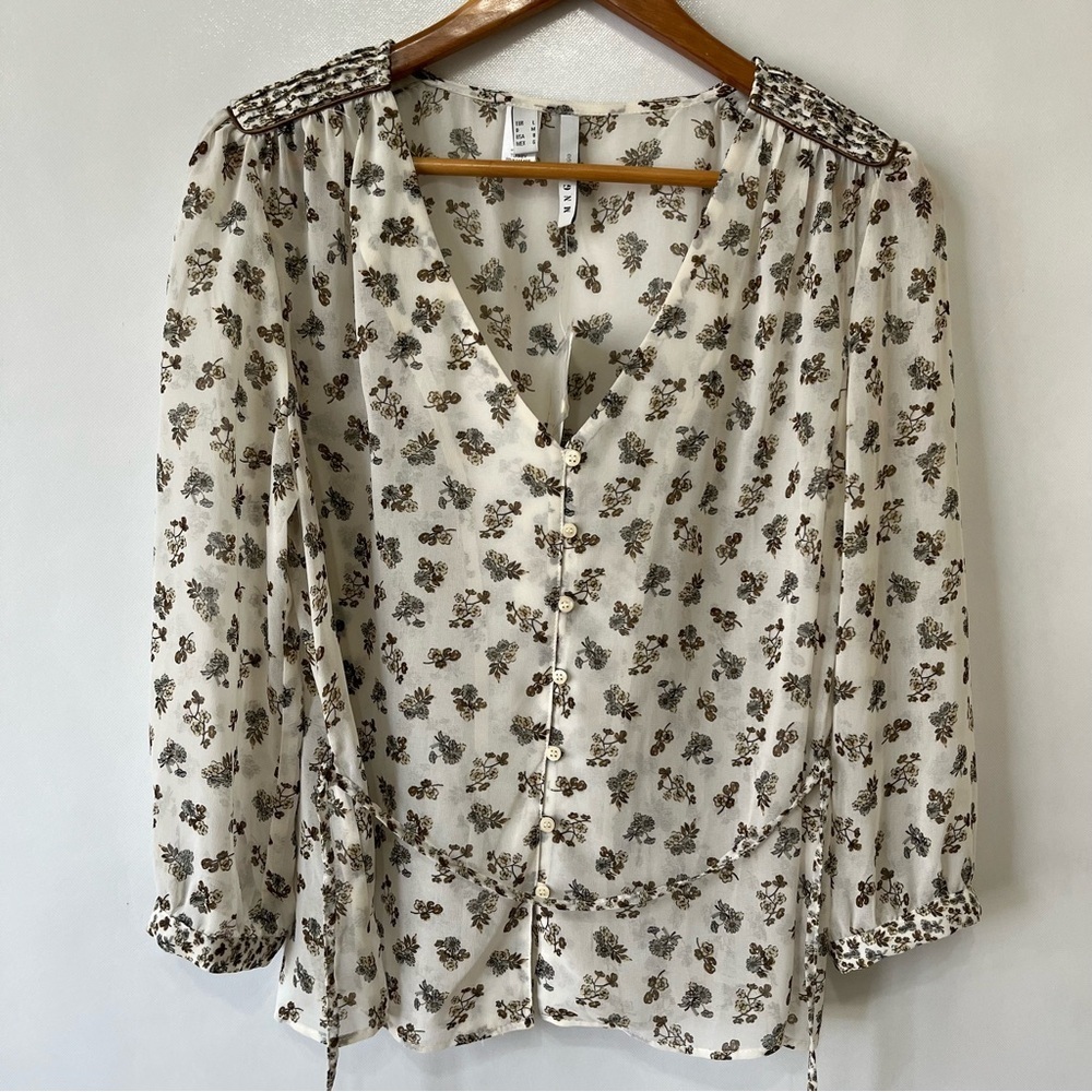 MNG By Mango Floral Blouse Top Off White Belted NWT